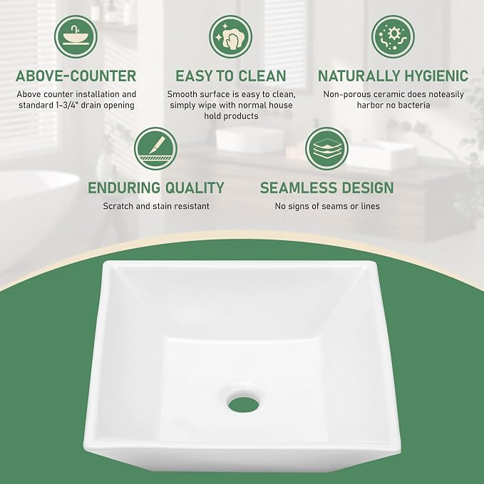 16x16 Inch White Rectangle Vessel Bathroom Sink | Ceramic, Above Counter, Rectangular Shape, Easy to Clean, Recommended Installation, Ideal for Bathroom, Lavatory, Vanity