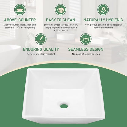 16x16 Inch White Rectangle Vessel Bathroom Sink | Ceramic, Above Counter, Rectangular Shape, Easy to Clean, Recommended Installation, Ideal for Bathroom, Lavatory, Vanity