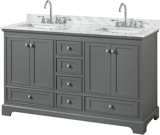 Wyndham Collection Deborah 60 inch Double Bathroom Vanity in Dark Gray, White Carrara Marble Countertop, Undermount Square Sinks, and No Mirror