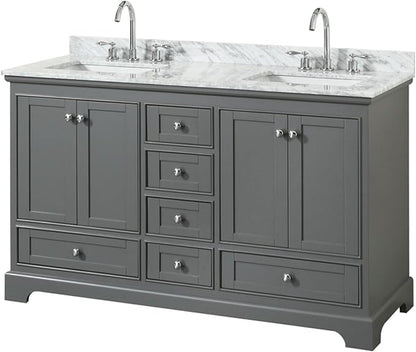 Wyndham Collection Deborah 60 inch Double Bathroom Vanity in Dark Gray, White Carrara Marble Countertop, Undermount Square Sinks, and No Mirror