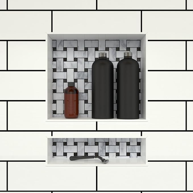 Tile Redi USA Niche Double Recessed Shower Shelf – Black, Two Inner Shelves with Divider, 16-Inch Width x 20-Inch Height x 4-Inch Depth (RN1620D-BI)