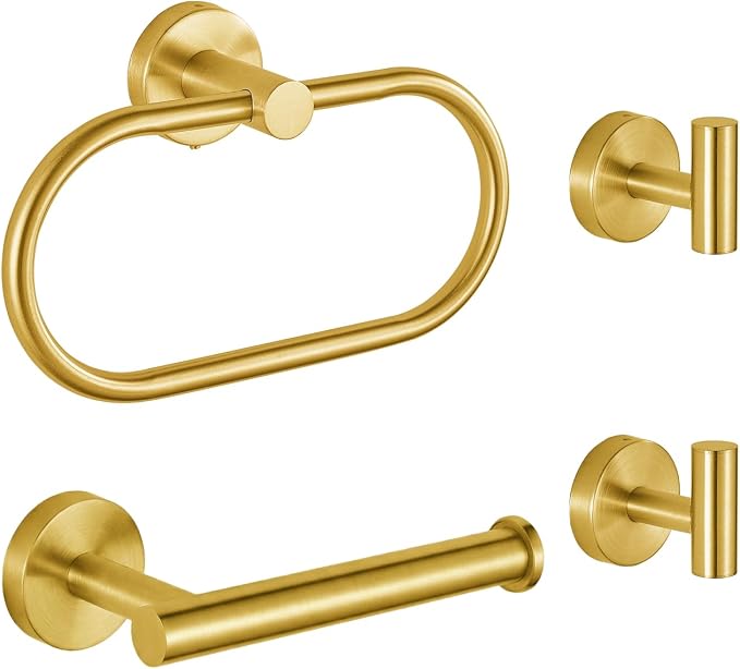 Bathroom Hardware Set Includes Towel Ring, Toilet Paper Holder and 2 Towel Hooks, SUS304 Stainless Steel Modern Wall-Mounted Bathroom Set, Rustproof Bathroom Fitting Set (Brushed Gold)