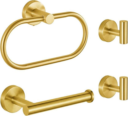 Bathroom Hardware Set Includes Towel Ring, Toilet Paper Holder and 2 Towel Hooks, SUS304 Stainless Steel Modern Wall-Mounted Bathroom Set, Rustproof Bathroom Fitting Set (Brushed Gold)