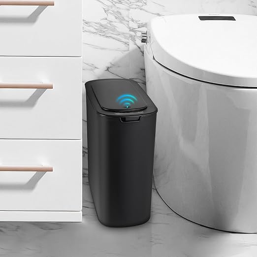 Cesun Automatic Small Bathroom Trash Can with Lid, 2.6 Gallon, Black | Motion Sensor, Plastic, Touchless, Odor Control, Smart Garbage Can, Battery Operated, Manual Button, for Office/RV/Bedroom