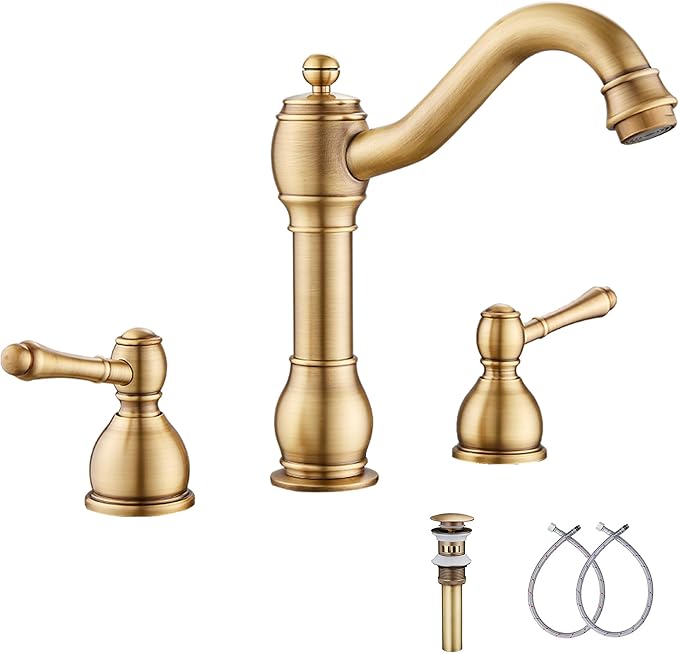 GGStudy 2 Handles 3 Holes Faucet Widespread Bathroom Sink Faucet Basin Tap Mixer Supply Hose Included Matching Pop Up Drain Antique Brass