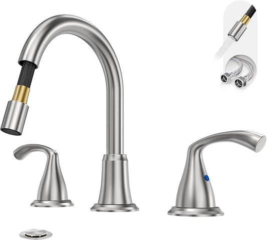 Phiestina 8 Inch Brushed Nickel Antique Rotatable Widespread Bathroom Faucet - Pull-Out Sprayer, Metal Pop-Up Drain, Water Supply Lines, 2 Handles for 3-Hole Sinks,WFJC180CL-BN