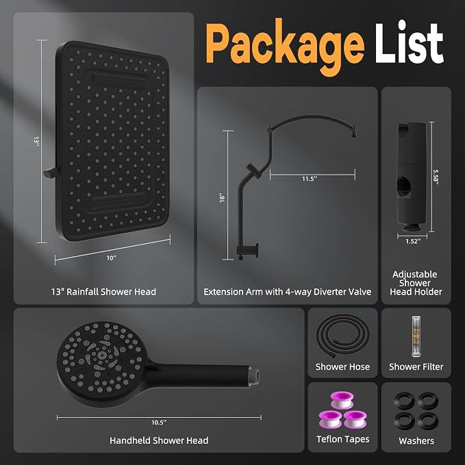 Hibbent 13'' Rain Showerhead Combo, 10 Mode Filtered Handheld Spray, Black | High Pressure 5-Spray Showerhead, 4-way Diverter, Upgraded Heightened All Metal Extension Arm, 71'' Hose & Holder, Easy Reach