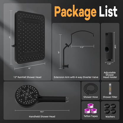 Hibbent 13'' Rain Showerhead Combo, 10 Mode Filtered Handheld Spray, Black | High Pressure 5-Spray Showerhead, 4-way Diverter, Upgraded Heightened All Metal Extension Arm, 71'' Hose & Holder, Easy Reach