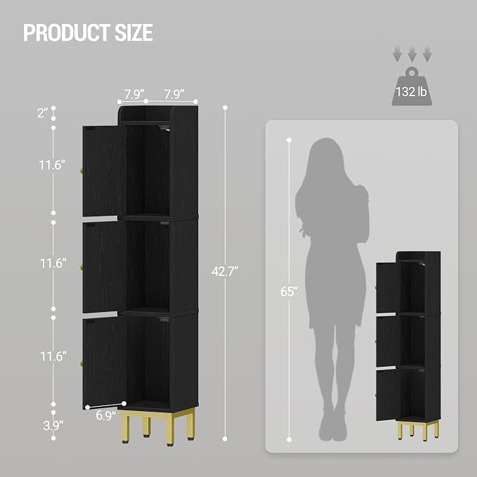 Hzuaneri Slim Bathroom Storage Cabinet, Narrow Bathroom Organizers,3 Doors | Narrow Storage Cabinet with 4 Adjustable Feet, Laundry Room Organization for Small Space, Kitchen,Living Room,Rattan Black