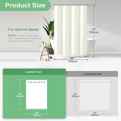 Dynamene Stall Fabric Shower Curtain, 60x72 inch Narrow Boho Tufted Chevron Striped Cloth Bathroom Shower Curtain, Weighted Neutral Waterproof Shower Curtain Set with 10 Hooks, Wrinkle Free, Cream