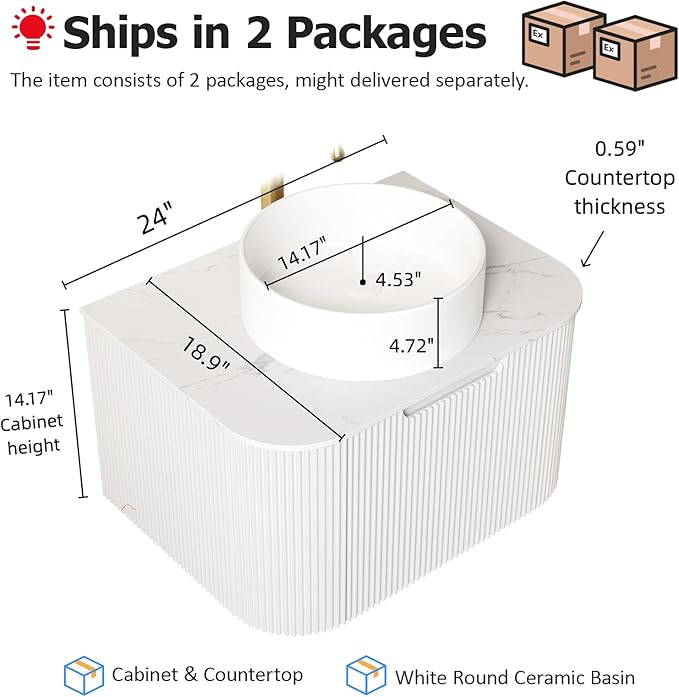 24" Floating Bathroom Vanity with Sink, Modern Bathroom Storage Cabinet with Ultra-Thin Ceramic Basin and Marble Counterop, Extra Large Storage Drawer, Soft-Close Design, White