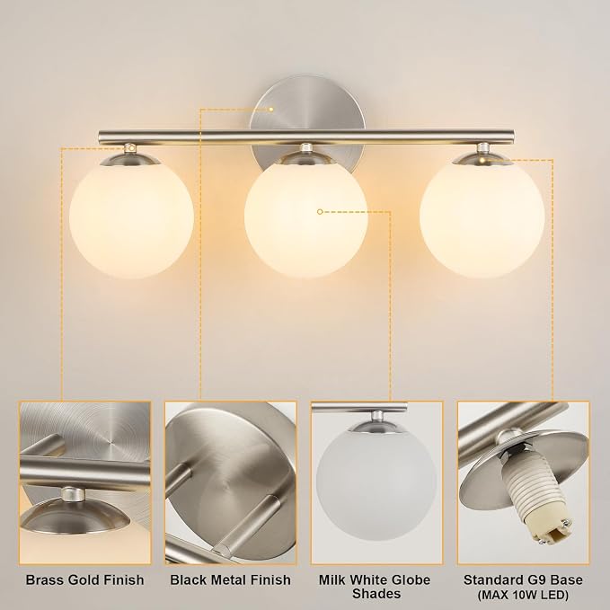 foucasal Brushed Nickel 3-Light Globe Vanity Light Fixture Over Mirror | G9 Socket, Plastic Milk Globe Shades, 4.72" Base, 10W Max, Adjustable Up/Down Light, Mid Century Style for Bathroom Bedroom
