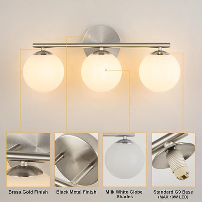 foucasal Brushed Nickel 3-Light Globe Vanity Light Fixture Over Mirror | G9 Socket, Plastic Milk Globe Shades, 4.72" Base, 10W Max, Adjustable Up/Down Light, Mid Century Style for Bathroom Bedroom