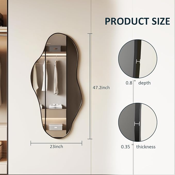 Irregular Full Length Mirror, 23"x47" Full Body Mirror with Metal Frame, Asymmetrical Mirrors for Entryway Bathroom Living Room Bedroom, Horizontal or Vertical Hanging