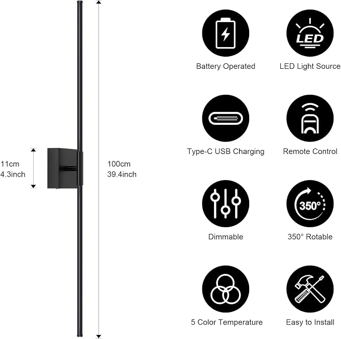 Wall Sconces Set of Two with Remote Control, 39.4 in Dimmable Black Battery Operated Wall Lights, 350° Ratation 3000K-6000K LED Wireless Rechargeable Sconce for Bathroom, Living Room, Bedroom