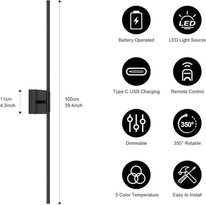 Wall Sconces Set of Two with Remote Control, 39.4 in Dimmable Black Battery Operated Wall Lights, 350° Ratation 3000K-6000K LED Wireless Rechargeable Sconce for Bathroom, Living Room, Bedroom