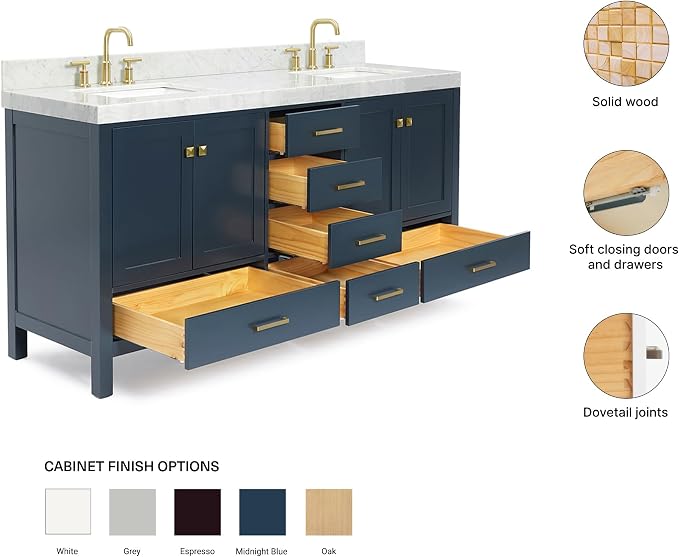 ARIEL Cambridge 72-inch Bathroom Vanity with Sink,Solid Wood, 2-inch Italian Carrara Marble Countertop, Double Rectangular Porcelain Sink, 4 Soft Closing Doors, 6 Dovetail Drawers, Midnight Blue