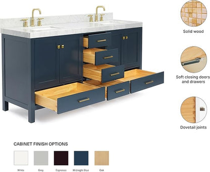 ARIEL Cambridge 72-inch Bathroom Vanity with Sink,Solid Wood, 2-inch Italian Carrara Marble Countertop, Double Rectangular Porcelain Sink, 4 Soft Closing Doors, 6 Dovetail Drawers, Midnight Blue