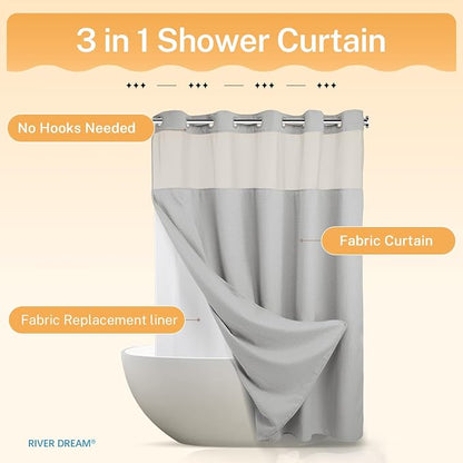 River Dream Waffle No Hook Shower Curtain with Liner,Light Grey,71x74 | Dotted Waffle,Snap-in Liner,Heavy Duty,Quick Dry,Mesh Top Window,With Bottom Magnets,Hotel-Grade,Washable,Standard Size
