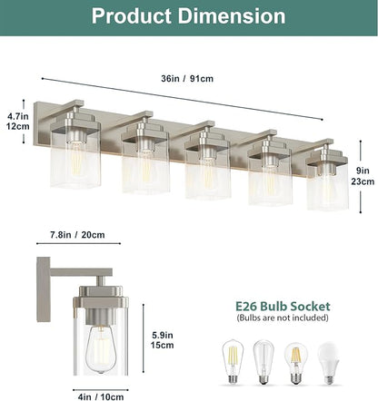 Brushed Nickel Bathroom Light Fixtures, 5 Lights Bathroom Lighting Fixtures Over Mirror, Square Design & Rectangle Large Backplate, Modern Vanity Lighting Fixtures, for Living Room/Bedroom