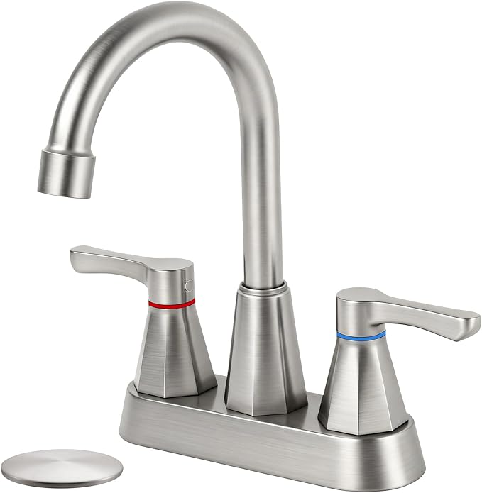 Brushed Nickel Bathroom Faucet 3 Hole, 4 Inch 2-Handle Centerset Bathroom Sink Faucet, Faucet for Bathroom Sink 360° Swivel Bathroom Faucets RV Lavatory Vanity Faucet with Pop-up Drain