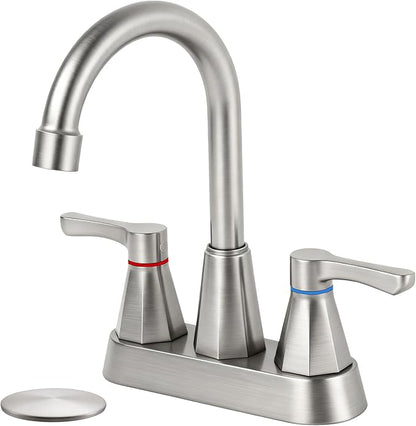 Brushed Nickel Bathroom Faucet 3 Hole, 4 Inch 2-Handle Centerset Bathroom Sink Faucet, Faucet for Bathroom Sink 360° Swivel Bathroom Faucets RV Lavatory Vanity Faucet with Pop-up Drain