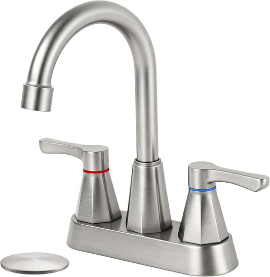 Brushed Nickel Bathroom Faucet 3 Hole, 4 Inch 2-Handle Centerset Bathroom Sink Faucet, Faucet for Bathroom Sink 360° Swivel Bathroom Faucets RV Lavatory Vanity Faucet with Pop-up Drain