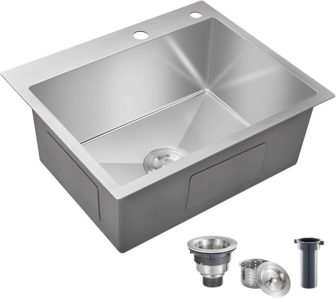 Brushed Topmount Kitchen Sink - 22”×18” Single Bowl Sink | 9 Inch Deep Handmade Bar Sink with Strainer, Stainless Steel 304, Center Drain, X-Groove Drainage, Sound-Dampening Pad