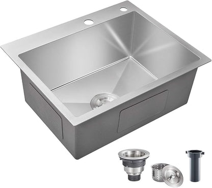 Brushed Topmount Kitchen Sink - 22”×18” Single Bowl Sink | 9 Inch Deep Handmade Bar Sink with Strainer, Stainless Steel 304, Center Drain, X-Groove Drainage, Sound-Dampening Pad