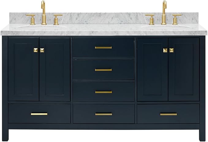 ARIEL Cambridge 66-inch Bathroom Vanity with Sink,Solid Wood, 1.5-inch Italian Carrara Marble Countertop, Double Oval Porcelain Sink, 4 Soft Closing Doors, 6 Dovetail Drawers, Midnight Blue