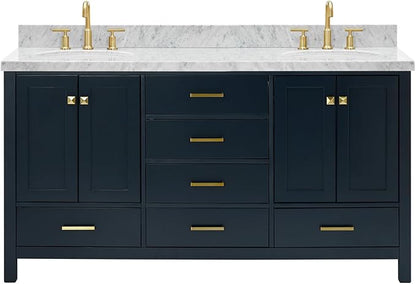 ARIEL Cambridge 66-inch Bathroom Vanity with Sink,Solid Wood, 1.5-inch Italian Carrara Marble Countertop, Double Oval Porcelain Sink, 4 Soft Closing Doors, 6 Dovetail Drawers, Midnight Blue
