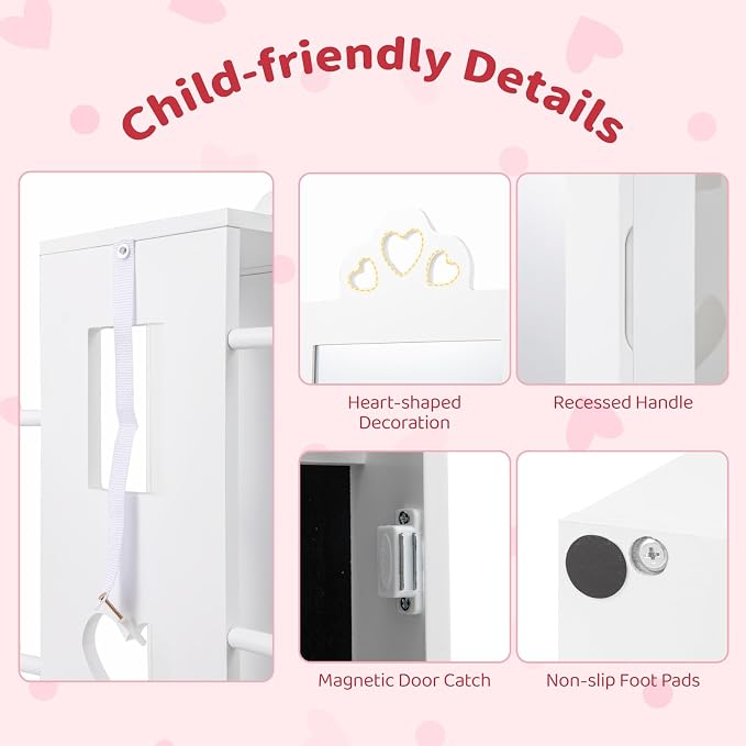 CHARMAID Kids Jewelry Cabinet Armoire, 47" Full Length Mirror, Coat Rack, Back Storage Shelves, Standing Vanity Dressing Mirror for Girls, Kids Jewelry Organizer (White)