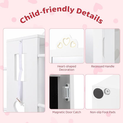 CHARMAID Kids Jewelry Cabinet Armoire, 47" Full Length Mirror, Coat Rack, Back Storage Shelves, Standing Vanity Dressing Mirror for Girls, Kids Jewelry Organizer (White)