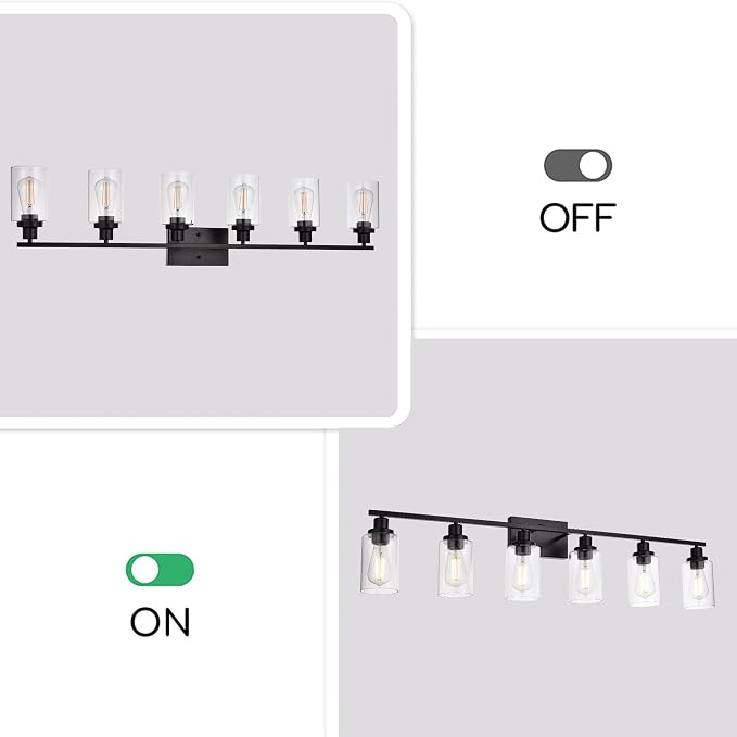 MELUCEE Black Vanity Light Fixture 6-Light with Clear Glass Shade | Industrial Metal Wall Sconce Bathroom Lighting for Bedroom Hallway Kitchen,(Patent No.: US D963914 S)