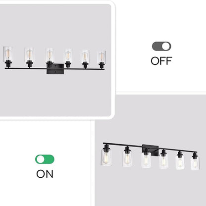MELUCEE Black Vanity Light Fixture 6-Light with Clear Glass Shade | Industrial Metal Wall Sconce Bathroom Lighting for Bedroom Hallway Kitchen,(Patent No.: US D963914 S)