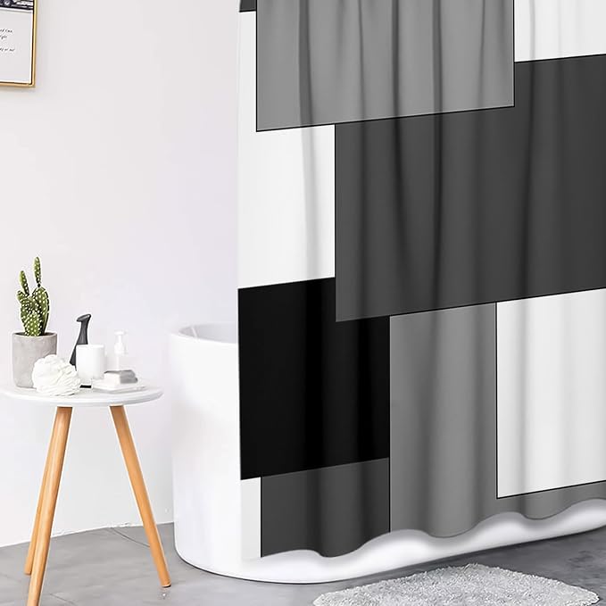 Bathroom Sets with Shower Curtain and Rugs, 4 Pcs, Checkered | Geometric Abstract Modern Bathroom Decor Set with Toilet Lid Cover, Non-Slip Bath Mats and Accessories 12 Hooks