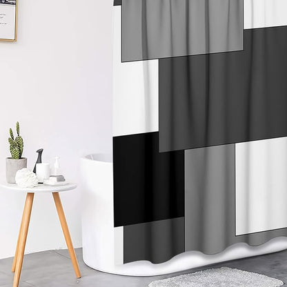 Bathroom Sets with Shower Curtain and Rugs, 4 Pcs, Checkered | Geometric Abstract Modern Bathroom Decor Set with Toilet Lid Cover, Non-Slip Bath Mats and Accessories 12 Hooks