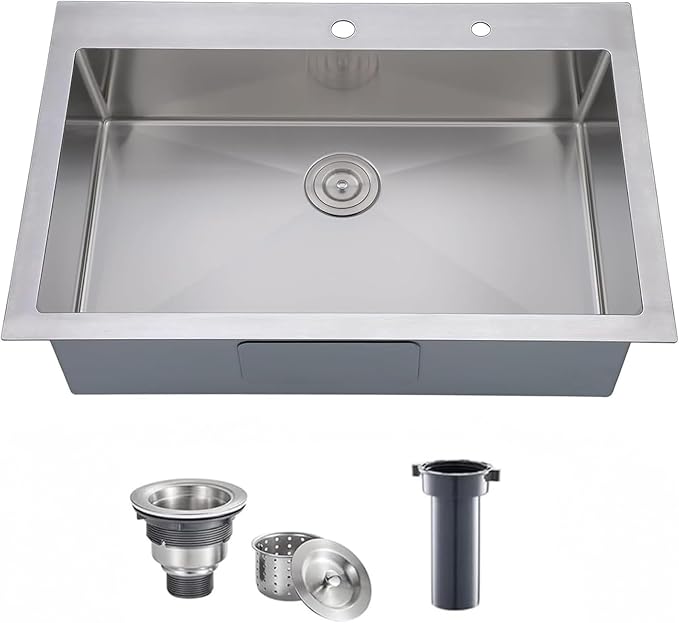 Comllen 33 x 22 inch Drop in Kitchen Sink, 33 inch Topmount Stainless Steel Sink, 18 Gauge T304 Single Bowl Kitchen With Strainer
