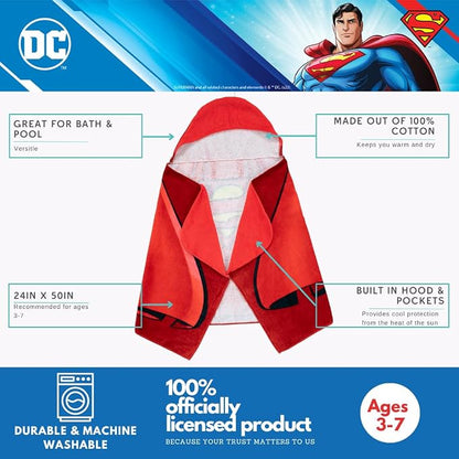 Franco Superman DC Comics Cape Kids Super Soft Bath/Pool/Beach Soft Cotton Terry Hooded Towel Wrap, 24 in x 50 in, (Officially Licensed Product)