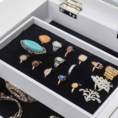 Standing Jewelry Armoire with Mirror, 5 Drawers & 14 Necklace Hooks, Jewelry Cabinet Chest with Removable Ring Storage Slot and Top Storage Organizer, 2 Side Swing Doors