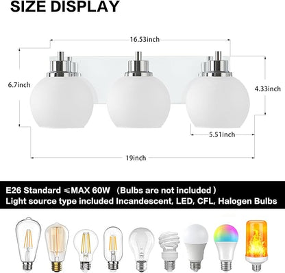Tuscarora Chrome Vanity Light - 3 Light Bathroom Vanity Light with Milk Glass Shade, Over Mirror Lighting Fixture