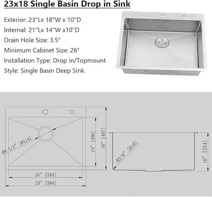 Drop In Kitchen Bar Sink, 23x18x10 Stainless Steel Small Sink | Small Drop In Sink, Topmount Outdoor RV Sink 16 Gauge Single Bowl Sink with Drain Strainer