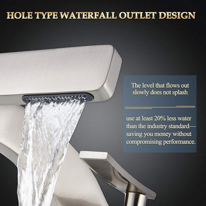 becola Bathroom Sink Waterfall Faucet,Solid Brass Single Handle Hot and Cold Water Mixer Tap, Lavatory Vanity Sink Faucet Including Two US Standard 3/8" Hoses(Brushed Nickel)