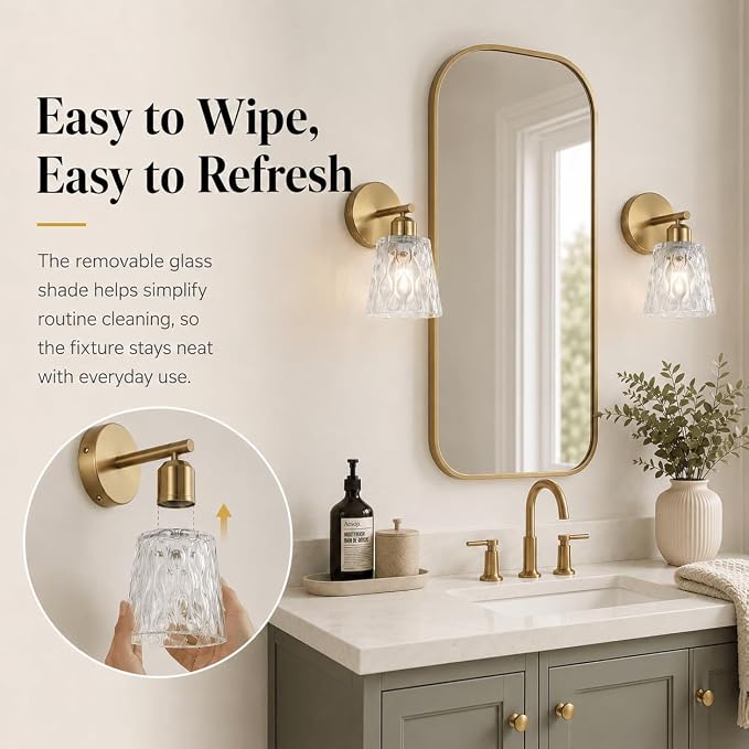 1-Light Brushed Gold Bathroom Vanity Wall Sconces, 2-Pack Modern Stainless Steel Fixtures with Textured Glass Shades for Over-Mirror Lighting, E26 Sockets (Bulbs Not Included)