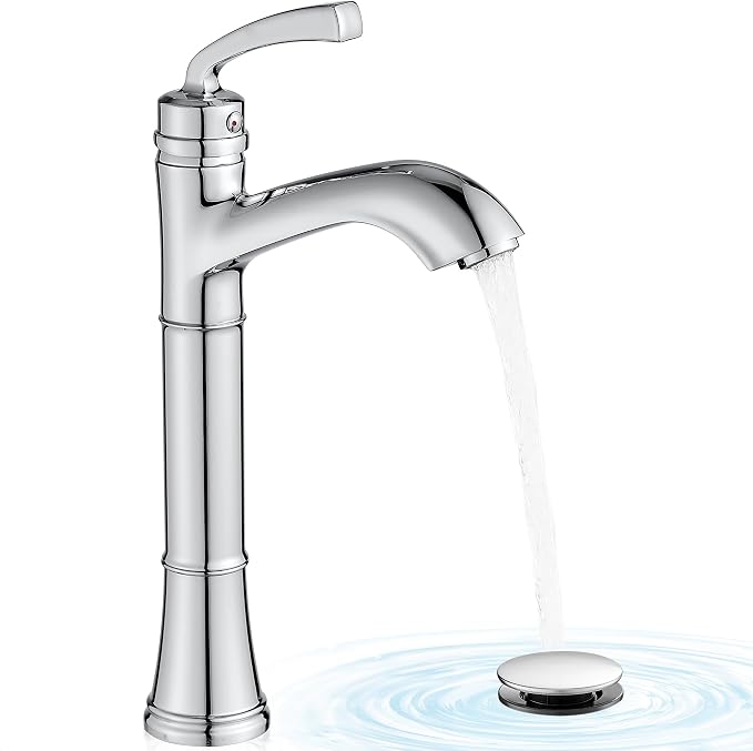 Tall Vessel Sink Faucet, Brass Bathroom Vessel Faucet, One Hole, Single Handle with Pop-Up Drain & Supply Water Hoses, No Leaks, Chrome