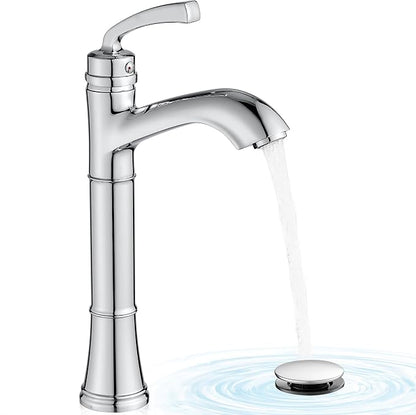 Tall Vessel Sink Faucet, Brass Bathroom Vessel Faucet, One Hole, Single Handle with Pop-Up Drain & Supply Water Hoses, No Leaks, Chrome