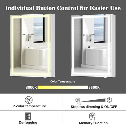 32 x24Inch LED Medicine Cabinet Mirror with Lights for Bathroom, Defogger,Stepless Dimmable,3000K/5500K Color Temperature Wall Mounted Makeup Mirror, Adjustable Shelf (Assembly Required)