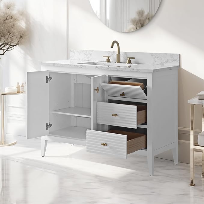 Vanity Art 42 inch Bathroom Vanity with Single Sink & Ceramic Top, Vanity Cabinet with Soft-Closing Door, Solid Wood Frame, Linear Pattern, White, VA9142-W-MB,Matte Black Handles