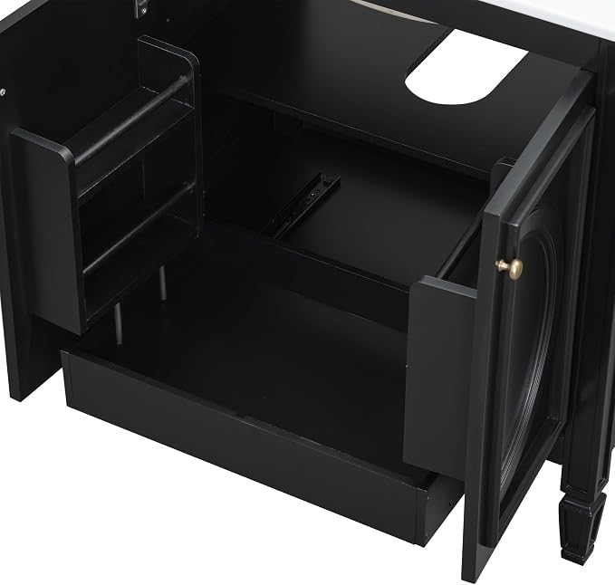 Christopher Knight Home Benton 30" Bathroom Vanity with Ceramic Sink, Rubberwood Frame, Adjustable Shelves, Soft Close Door Hinges, Storage Cabinet with 2-Tier Door Organizer, 1 Drawer, Black