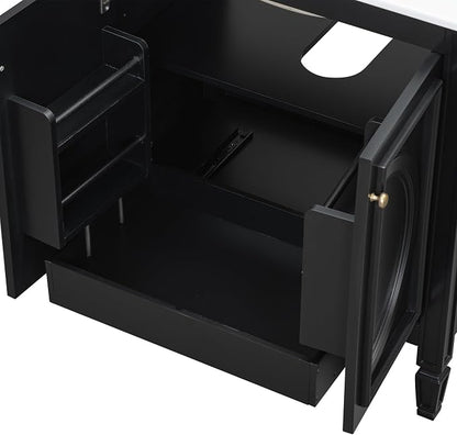 Christopher Knight Home Benton 30" Bathroom Vanity with Ceramic Sink, Rubberwood Frame, Adjustable Shelves, Soft Close Door Hinges, Storage Cabinet with 2-Tier Door Organizer, 1 Drawer, Black